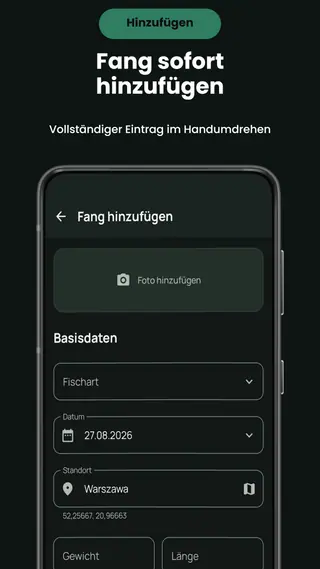 Der Bildschirm zum Hinzufügen eines Fangs in Angeltagebuch mit einem Bereich für ein Foto und Feldern für Fischart, Datum, Standort, Gewicht und Länge.