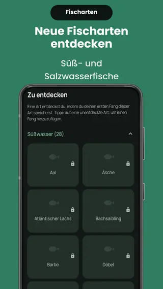 Der Bildschirm „Zu entdecken“ mit noch nicht gefangenen Süßwasserarten — Atlantischer Lachs, Barbe, Ukelei, Bachsaibling, Zwergwels, Quappe — jeweils auf einer gesperrten Karte.