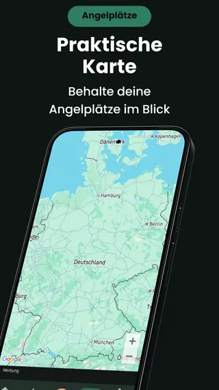 Der Kartenbildschirm von Angeltagebuch mit gespeicherten Angelplätzen als Nadeln auf einer Google-Karte.