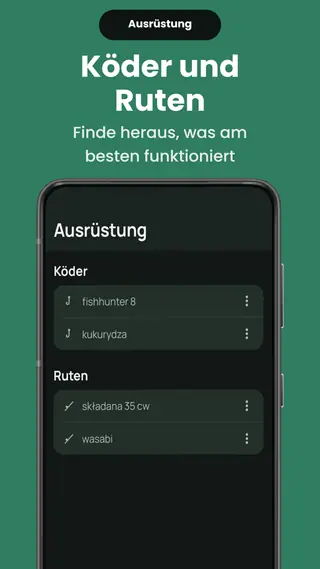 Der Ausrüstungsbildschirm von Angeltagebuch mit einer Liste gespeicherter Köder und Ruten, jede Zeile mit einem Menü zum Umbenennen oder Löschen.