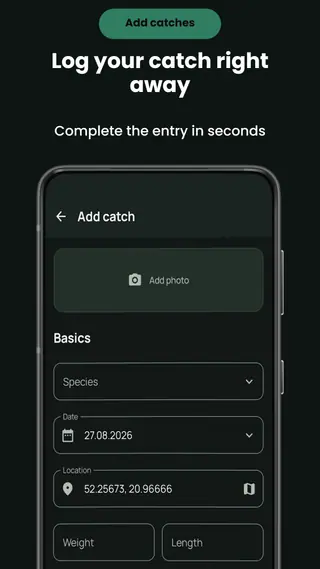 The add-catch screen in Fishing Notes with an add-photo area and fields for species, date, location coordinates, weight and length.