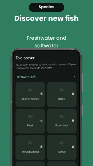 The “To discover” screen listing undiscovered freshwater species — Atlantic salmon, barbel, bleak, brook trout, brown bullhead, burbot — each on a locked card.