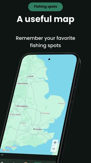 The map screen in Fishing Notes showing saved fishing spots as pins on a Google map.