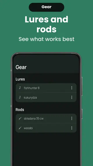 The gear screen in Fishing Notes listing saved lures and rods, each row with a menu for renaming or deleting it.