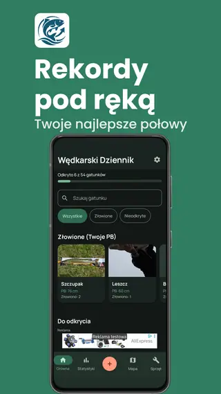 Ekran główny Wędkarskiego Dziennika: pasek postępu „Odkryto 6 z 54 gatunków”, wyszukiwarka gatunków, filtry Wszystkie / Złowione / Nieodkryte oraz kafle szczupaka i leszcza z rekordem długości i liczbą połowów.