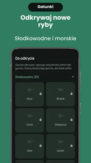 Ekran „Do odkrycia” z listą nieodkrytych gatunków słodkowodnych — amur, brzana, certa, głowacica, jelec, jesiotr — każdy na zablokowanym kaflu.
