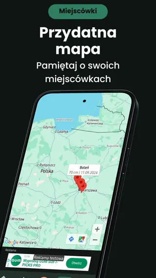 Ekran mapy w Wędkarskim Dzienniku z zapisanymi miejscówkami oznaczonymi pinezkami na mapie Google, z dymkiem pokazującym gatunek i datę połowu.